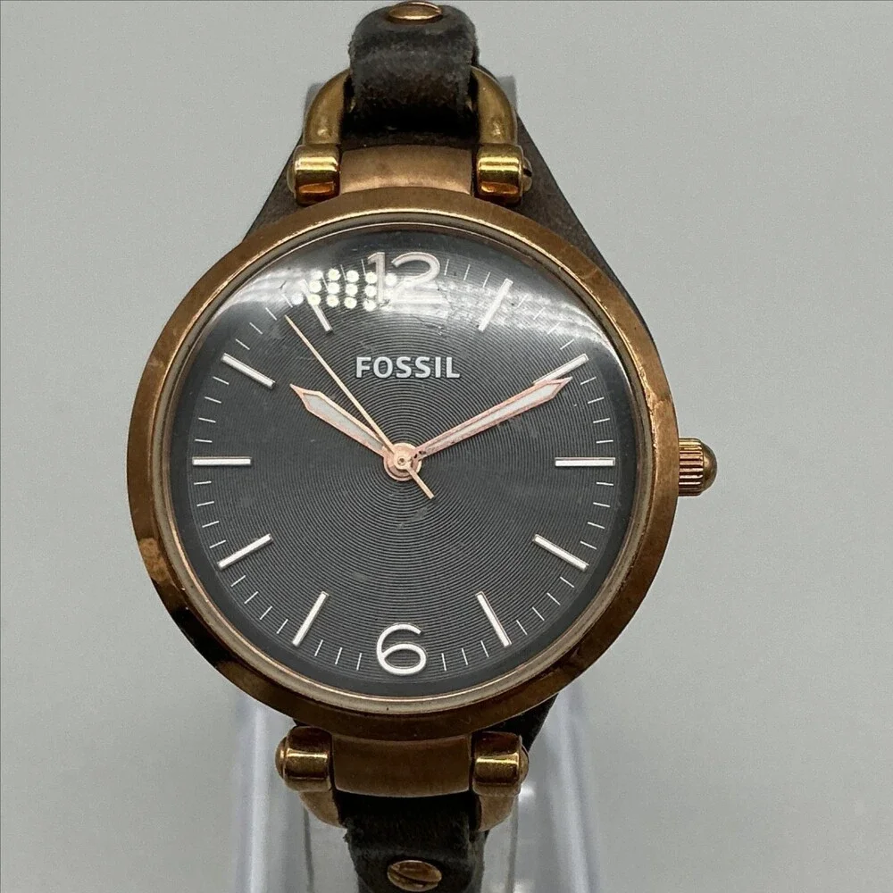 Fossil Georgia ES3077 Womens Watch 32mm Brown Leather Rose Gold Tone New Battery